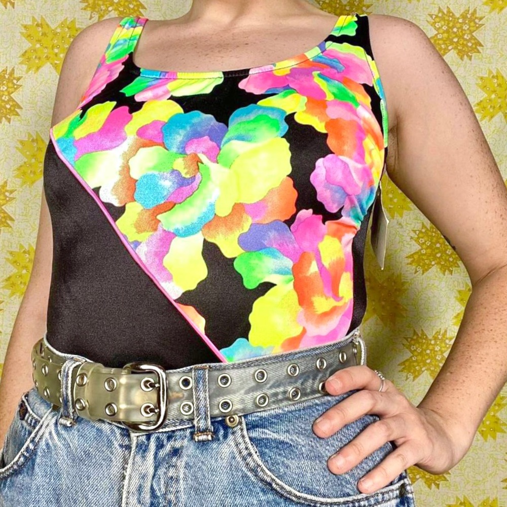 Vintage 80s black bright floral Crafted With Pride one piece swimsuit 🌺